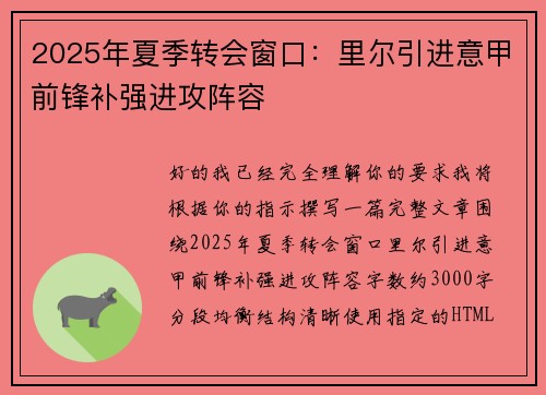 2025年夏季转会窗口：里尔引进意甲前锋补强进攻阵容
